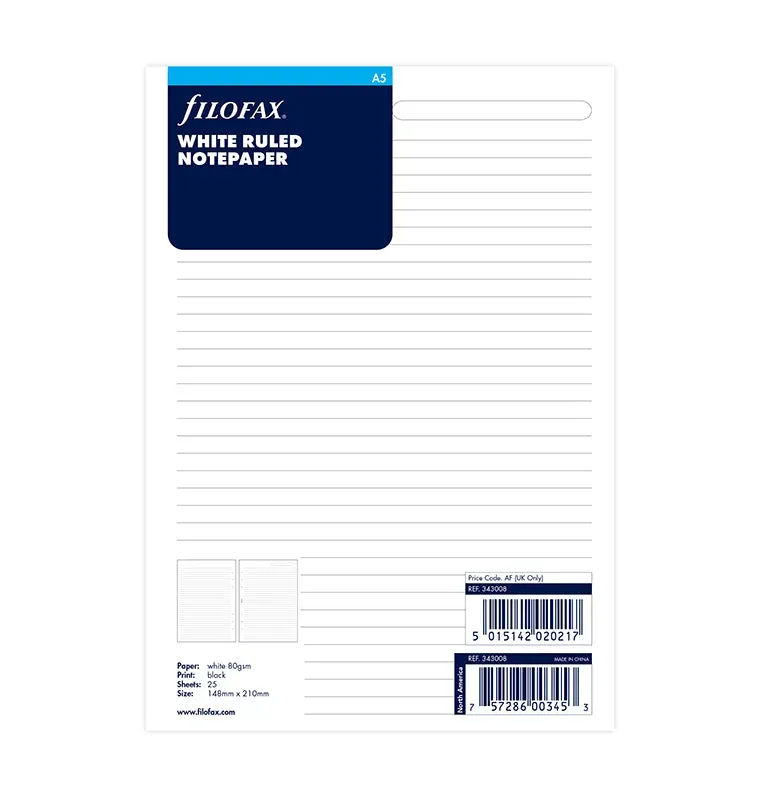 Filofax A5 recharge feuilles lignées blanches x25