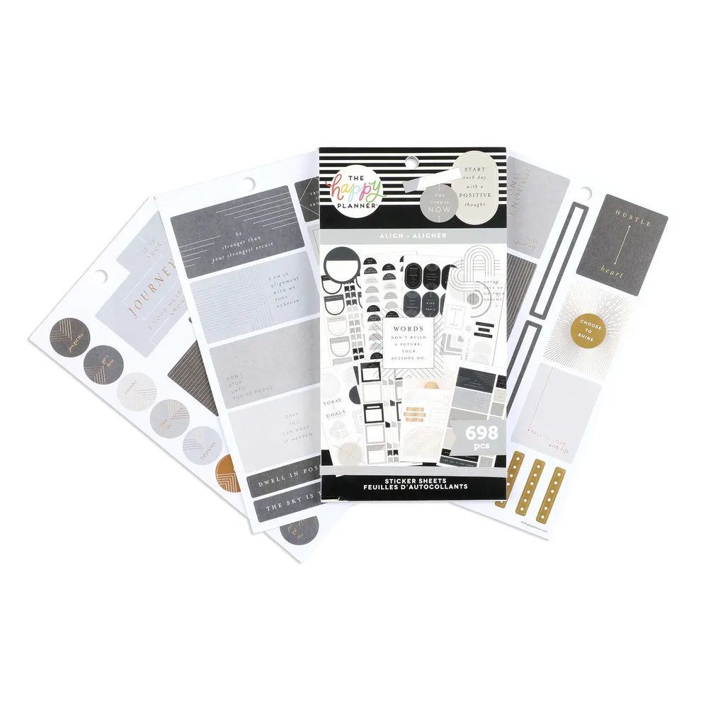 Happy Planner Align stickers 30 planches 698 stickers neutre doré