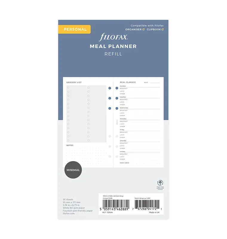 Filofax recharge planificateur repas Personal 56 feuilles
