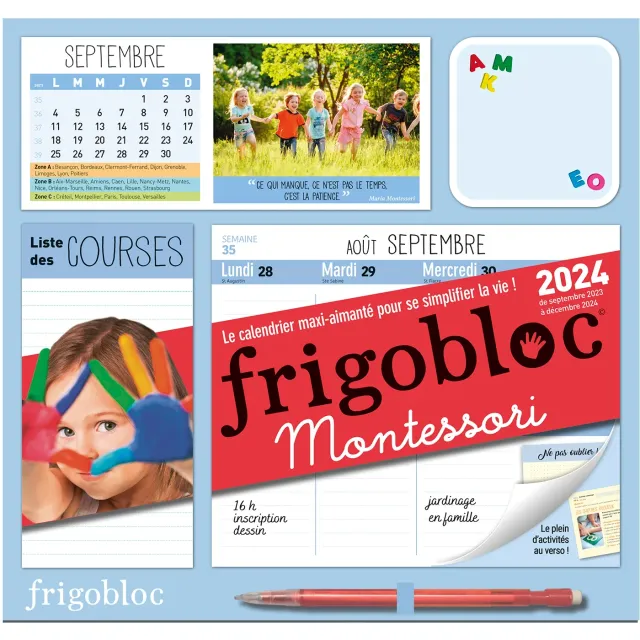 Frigobloc Hebdomadaire Montessori 2024 calendrier familial 16 mois