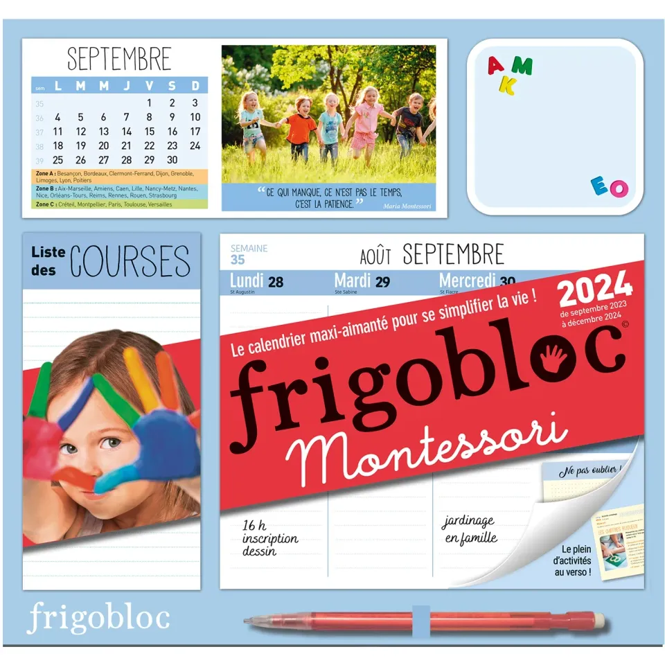Frigobloc Hebdomadaire Montessori 2024 calendrier familial 16 mois