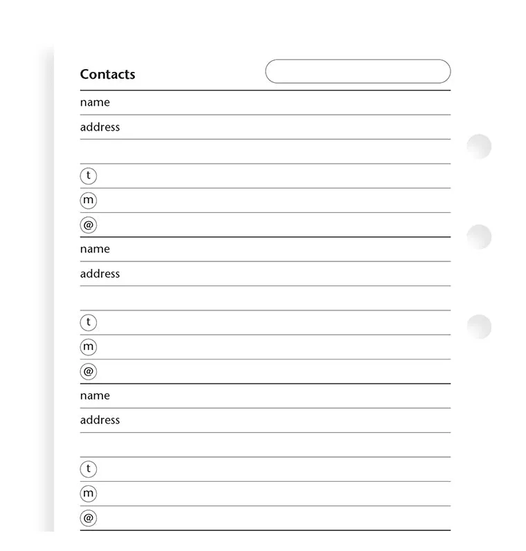 Filofax Personal recharge contacts 20 feuilles à anneaux