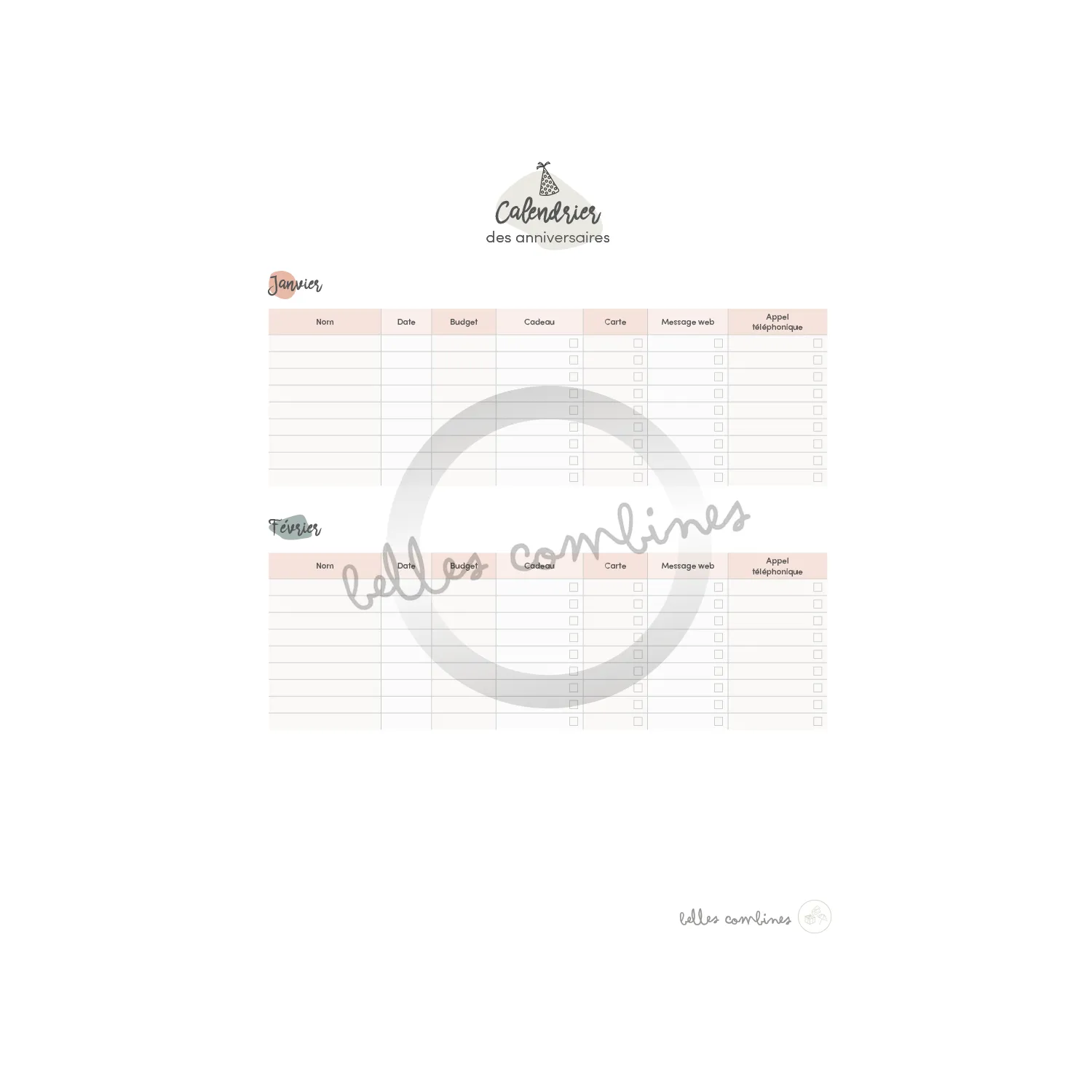 Les Belles Combines Calendrier anniversaires fiche française fêtes