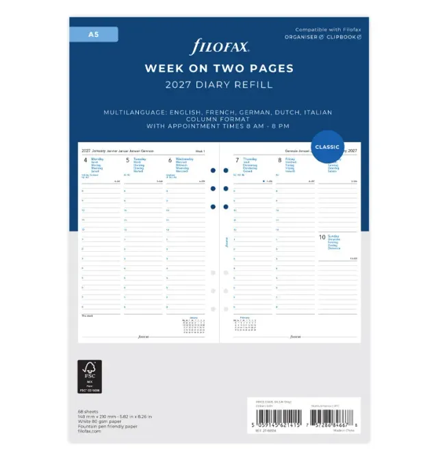 Filofax A5 recharge agenda semainier 2027 multilingue