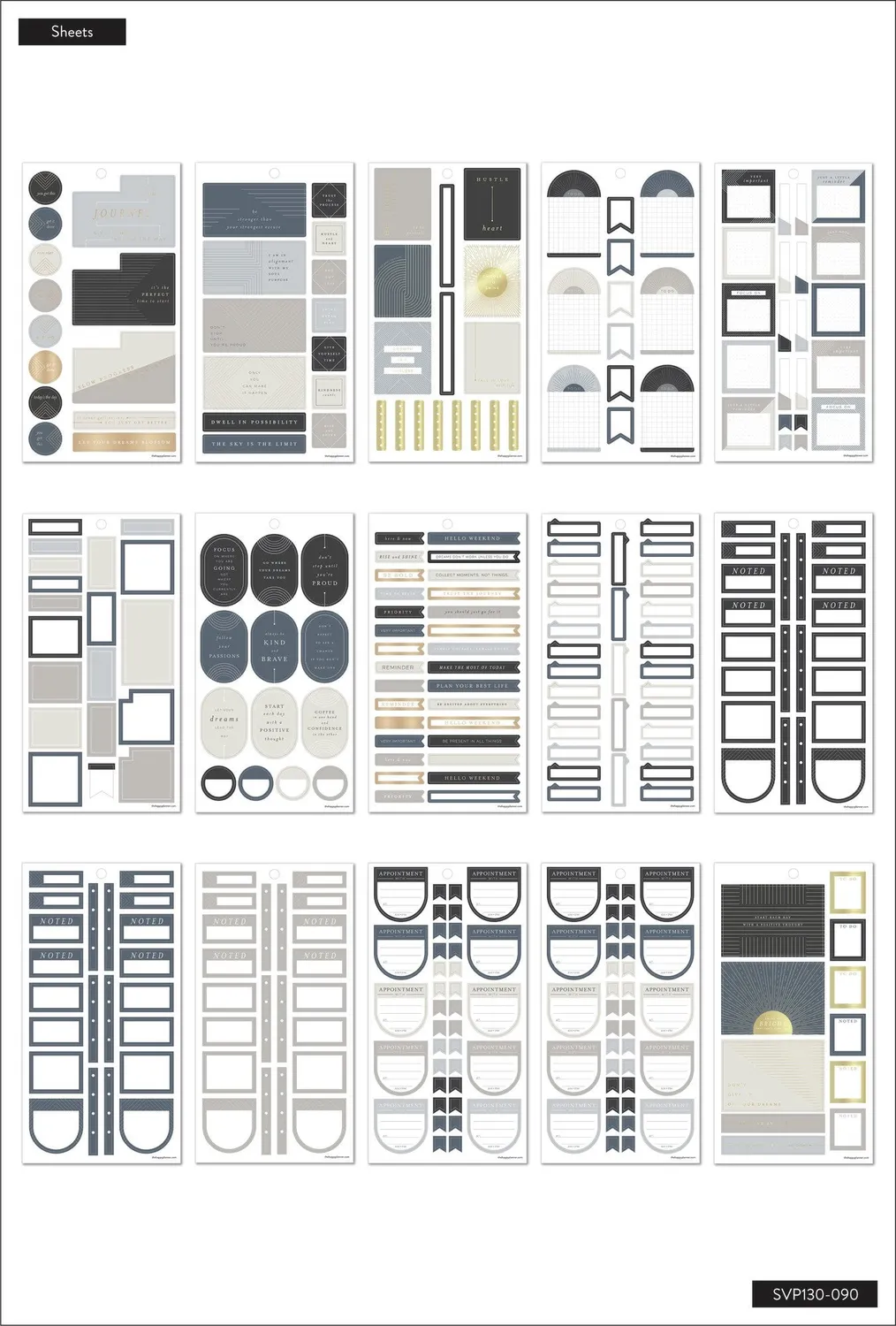 Happy Planner Align stickers 30 planches 698 stickers neutre doré