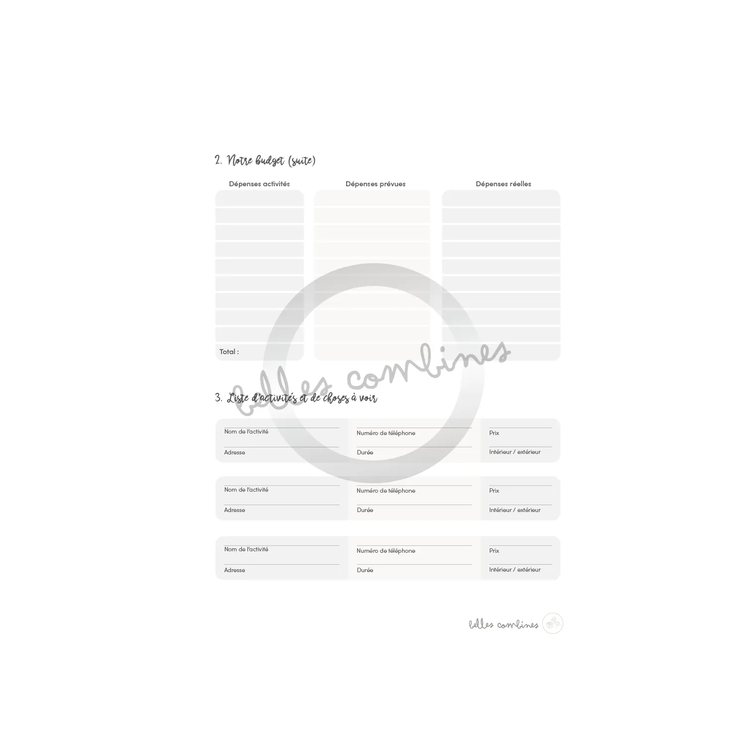 Les Belles Combines Guide planification vacances fiche à imprimer française