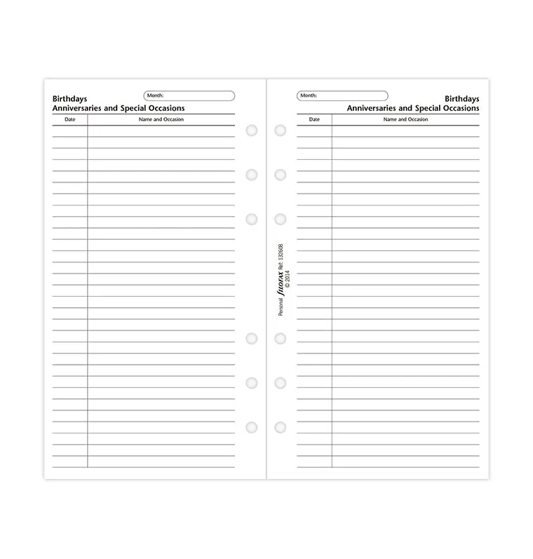Filofax Classic recharge anniversaires personal occasions