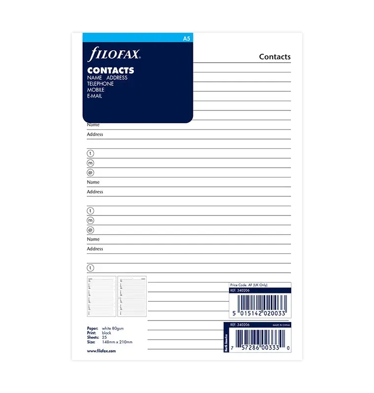 Filofax recharge carnet adresses A5 20 feuilles