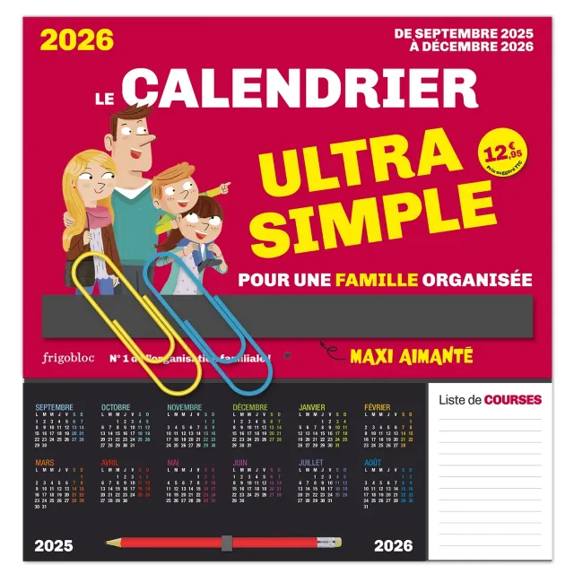 Frigobloc Ultra Simple calendrier familial sept 2025-déc 2026 aimanté
