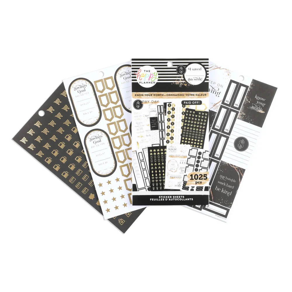 Happy Planner Know Your Worth stickers 30 planches budget doré