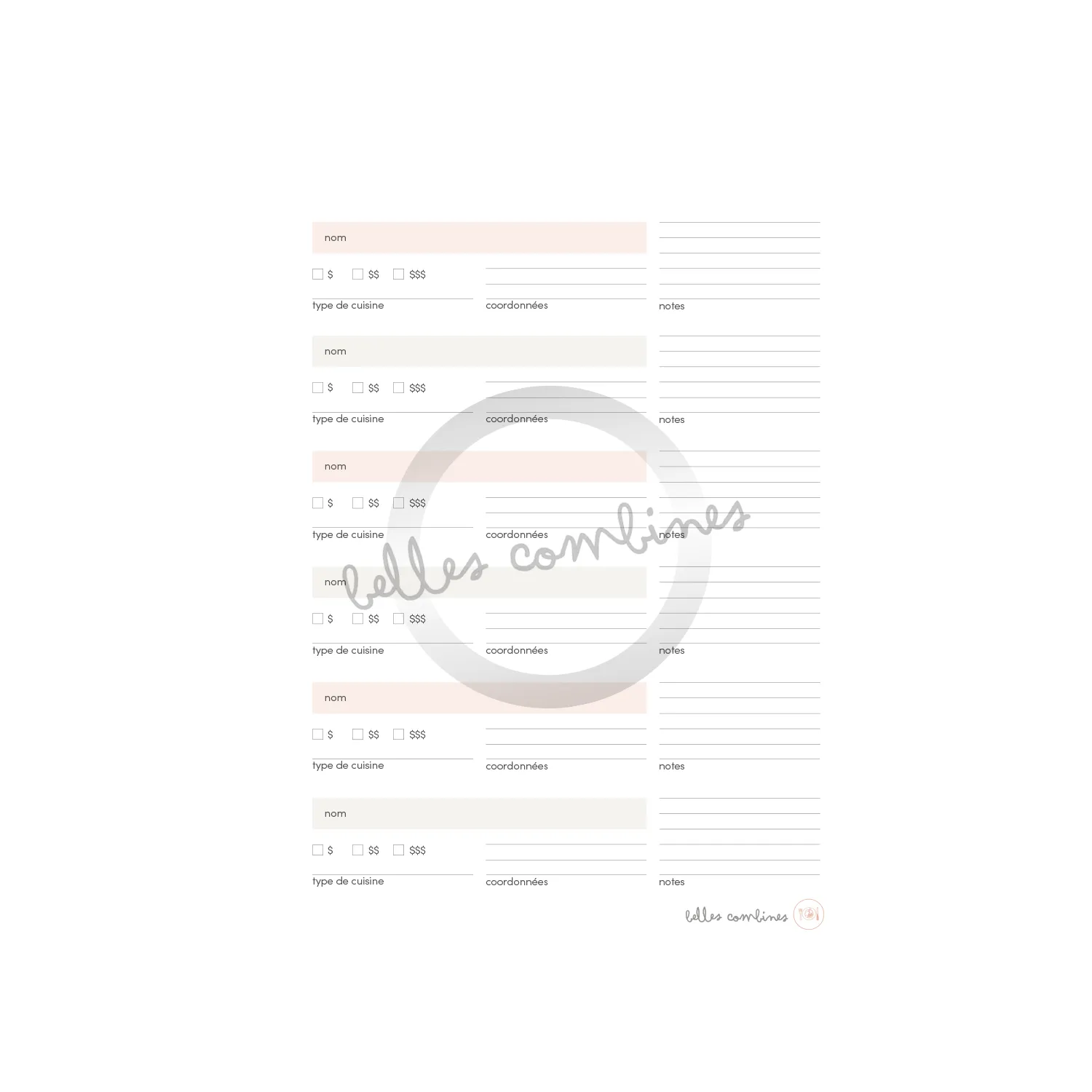 Les Belles Combines Nos restos préférés fiche carnet à imprimer