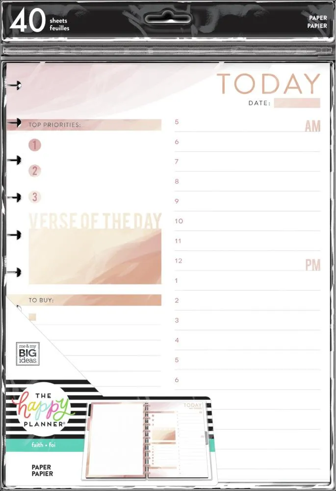 Happy Planner Big Faith Daily Schedule recharge 40 feuilles prière