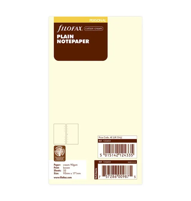 Filofax feuilles unies crème Personal 30 feuilles