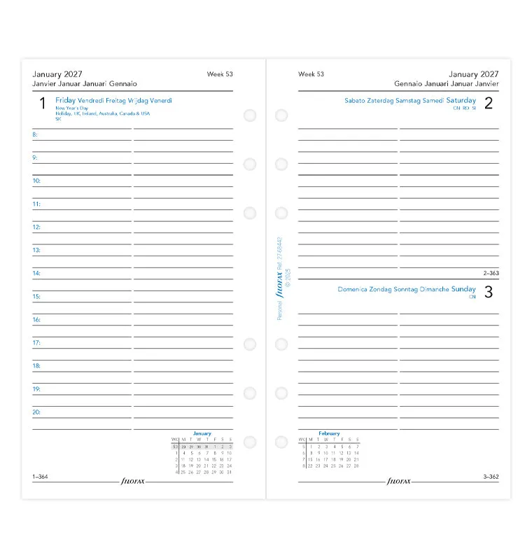 Filofax recharge Personal 2027 1 jour par page multilingue