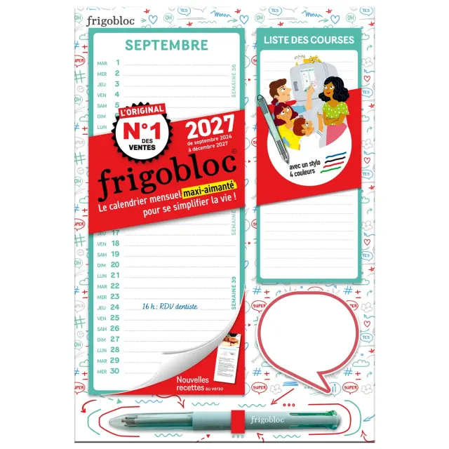 Frigobloc Mini Mensuel 2027 calendrier familial sept. 2026-déc. 2027
