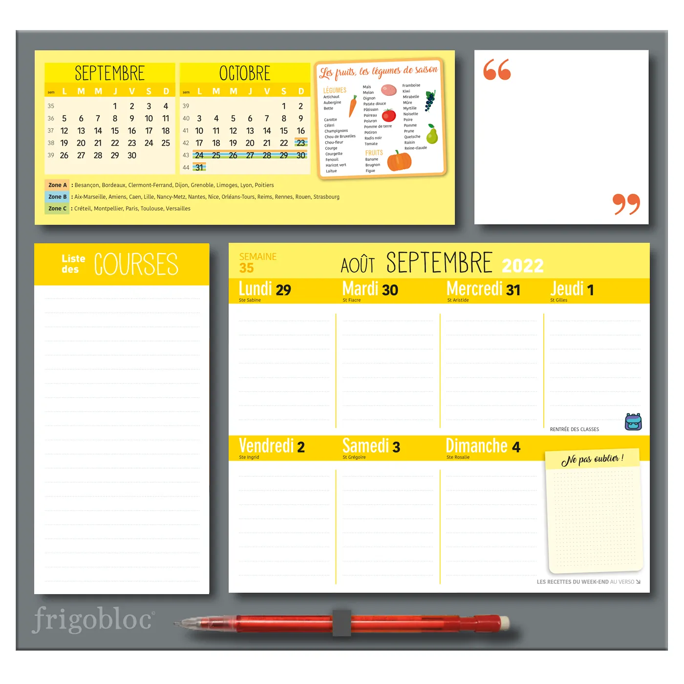 Frigobloc Hebdomadaire 2023 calendrier familial semainier