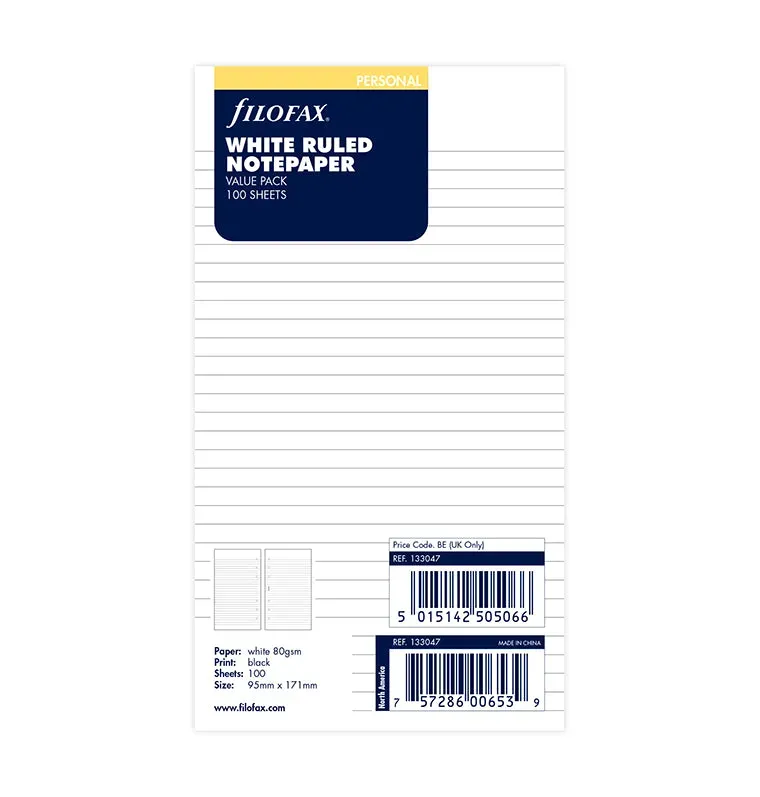 Filofax Personal recharge agenda ligné 100 feuilles