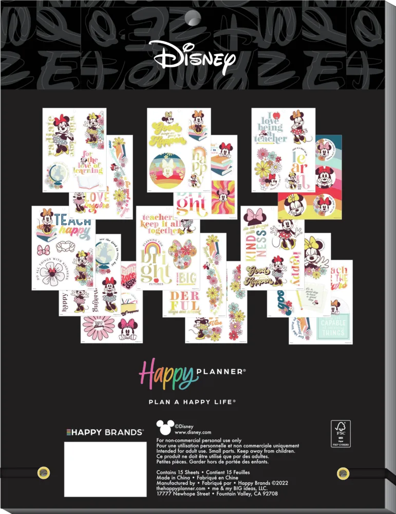 Happy Planner Disney Minnie Teacher stickers grand 15 feuilles 62 pièces