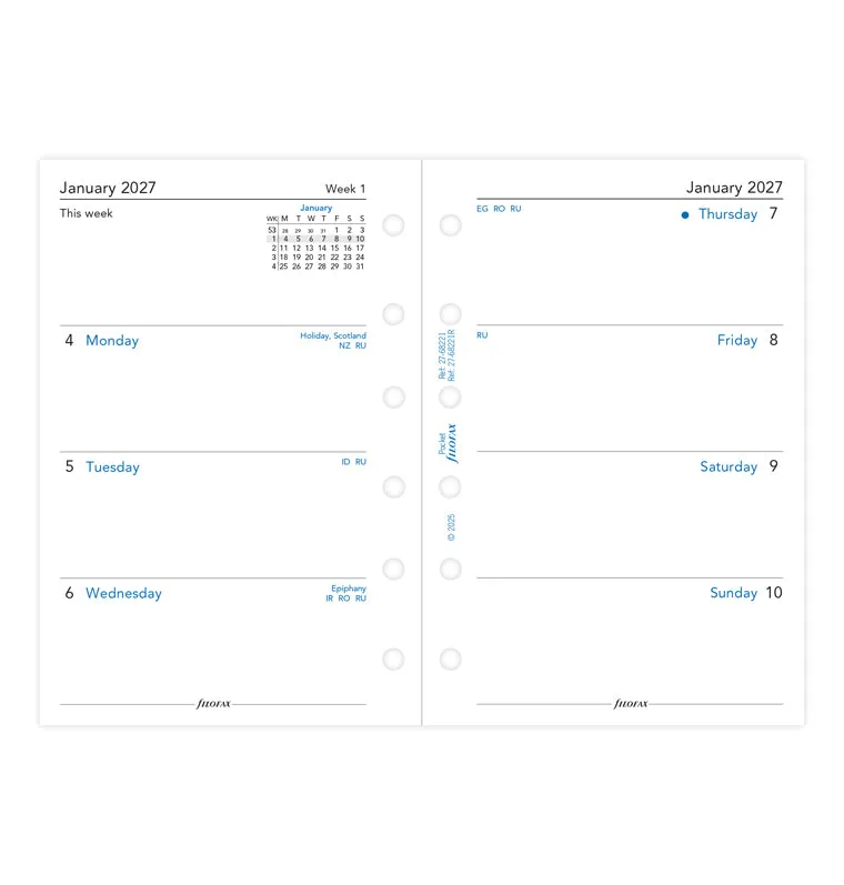 Filofax Classic recharge 2027 semaine 2 pages pocket recyclé
