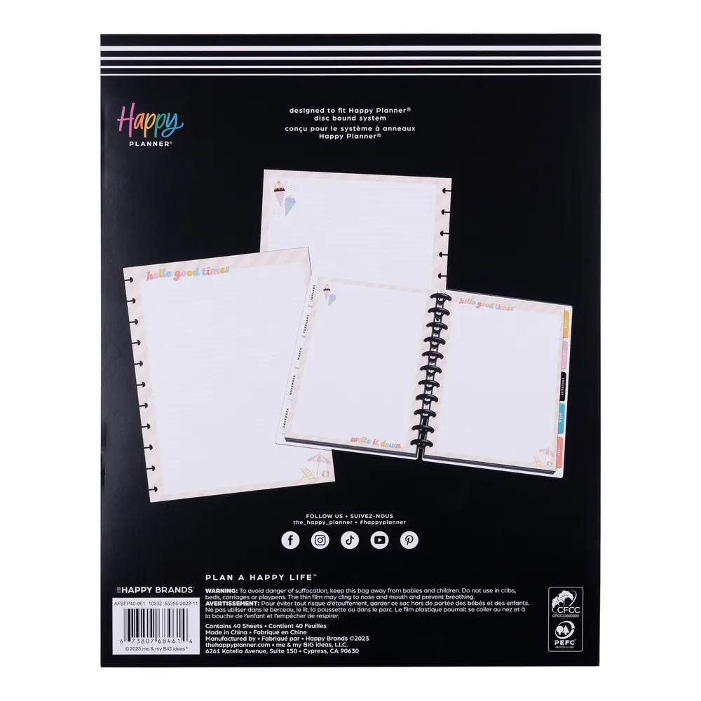 Happy Planner Boardwalk Big papier recharge 40 feuilles ligné pointillé