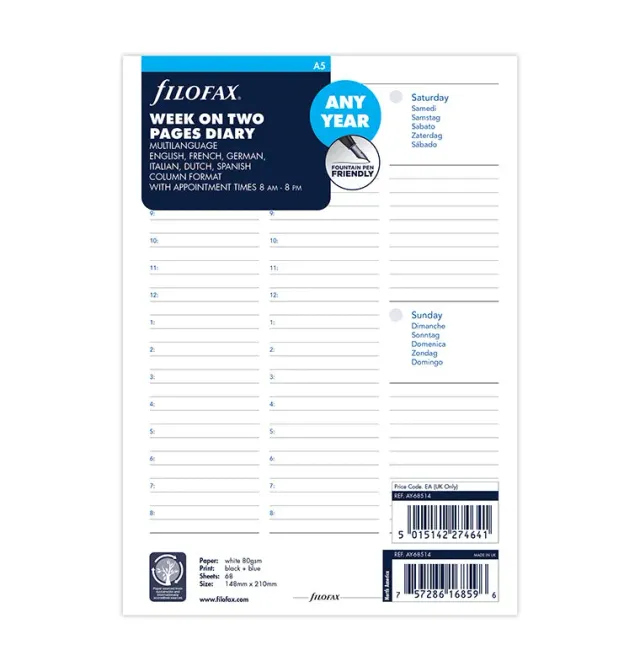 Filofax Classic A5 recharge semainier 2 pages any year