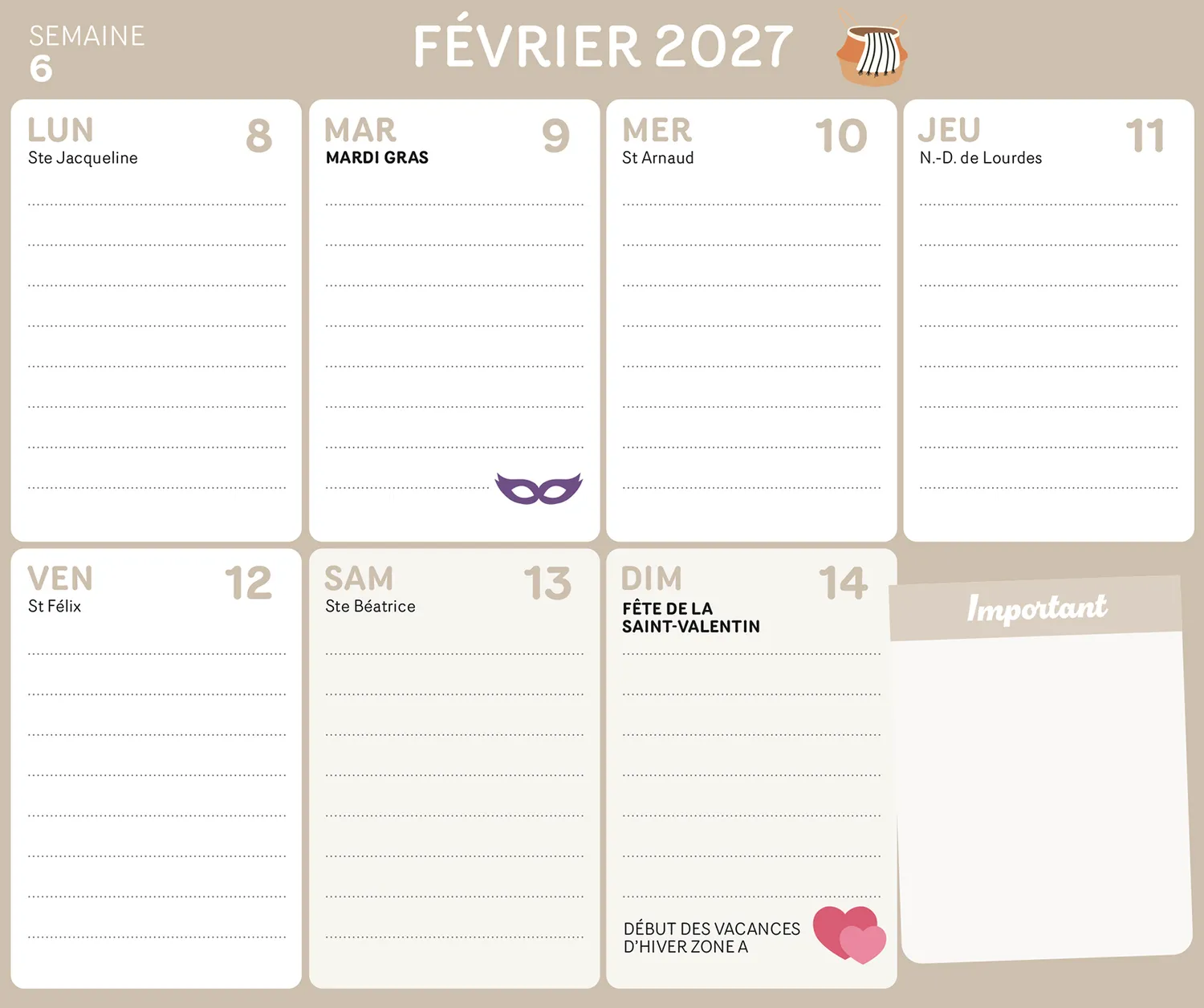Frigobloc Hebdomadaire Maison Zen 2027 calendrier familial aimanté