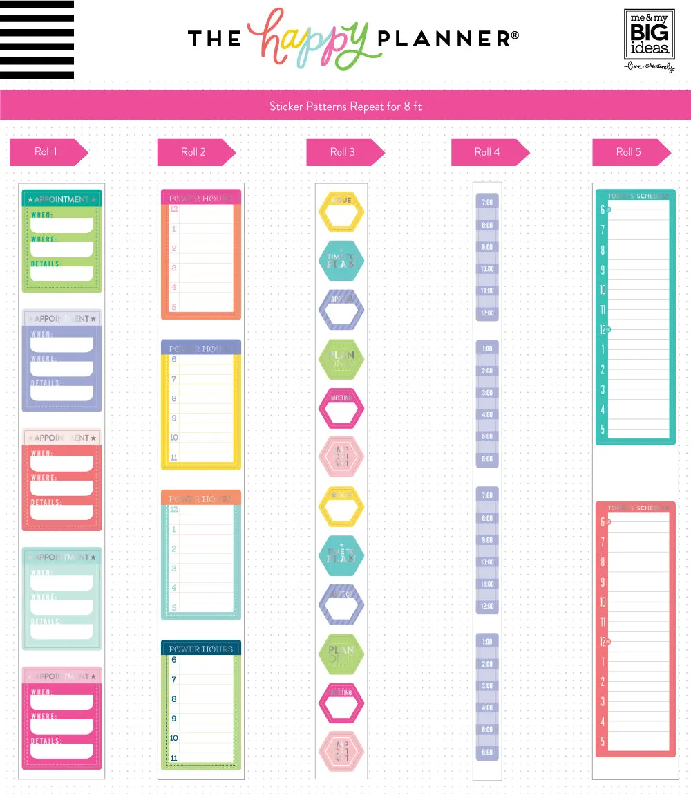 Happy Planner Scheduling rouleau stickers 5 motifs 2,4 m