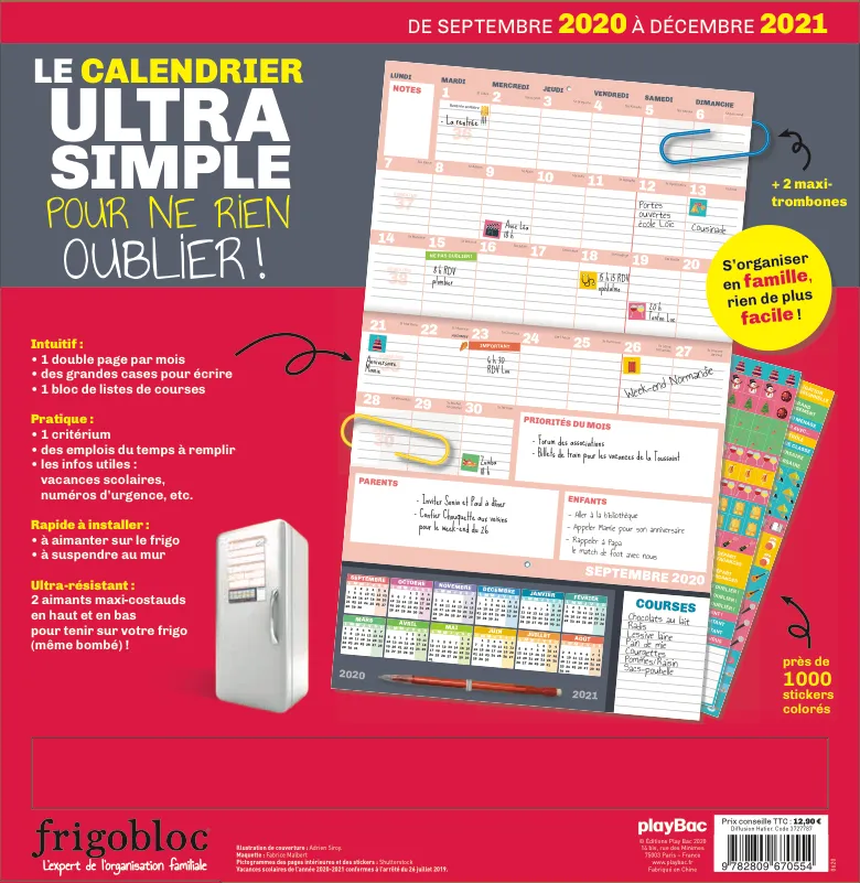 Frigobloc ultra simple calendrier familial sept 2020-déc 2021