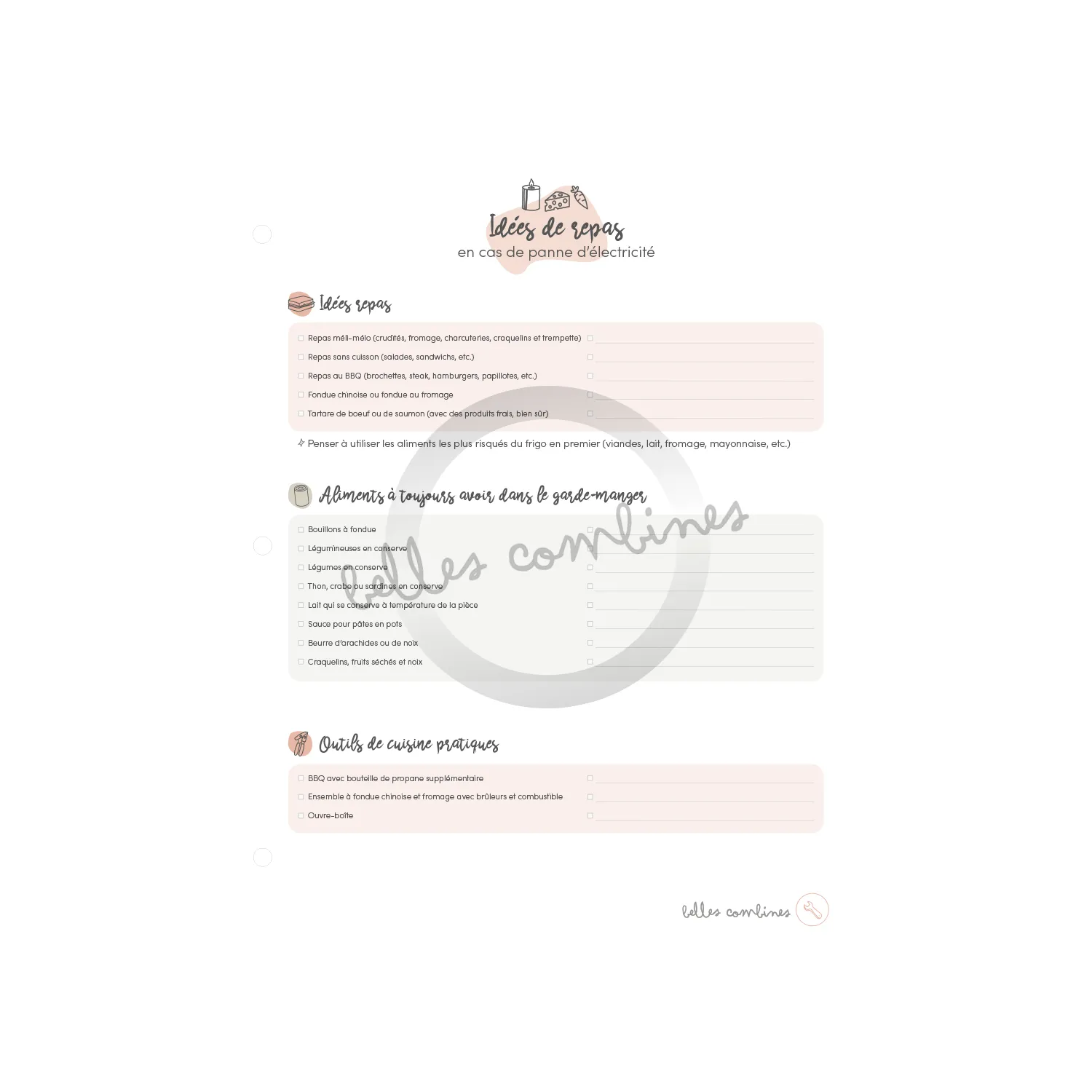 Les Belles Combines Liste d’idées repas et collations panne fiche