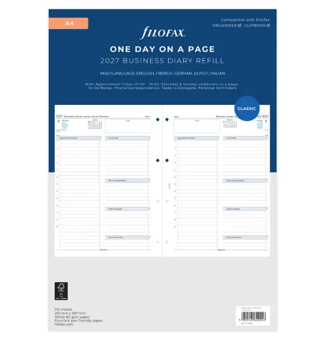 Filofax Classic A4 recharge agenda jour par page 2027