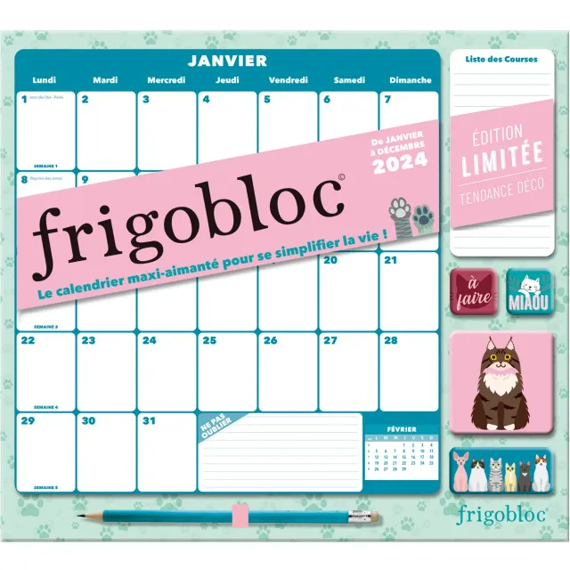 Frigobloc Mensuel 2024 Déco Chats calendrier familial