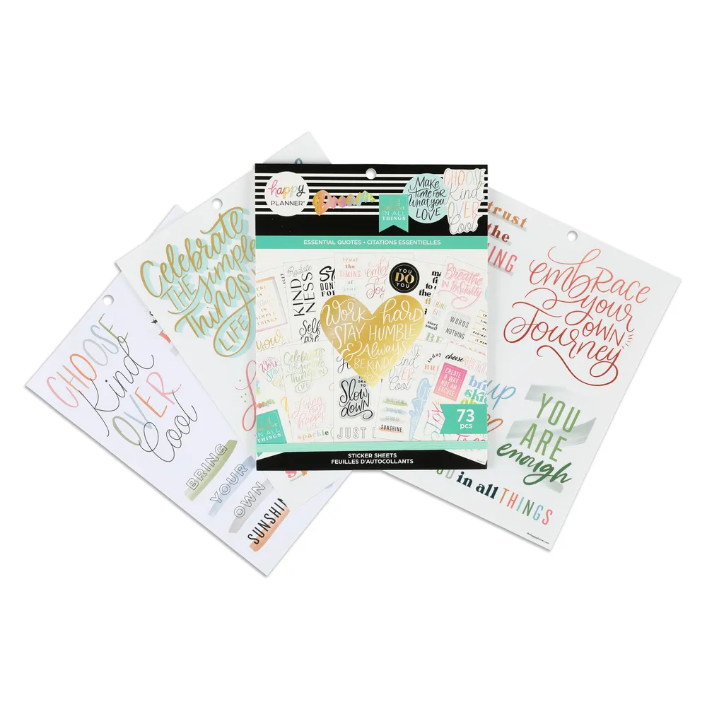 Happy Planner Essential Quotes stickers grand 15 planches 73 doré