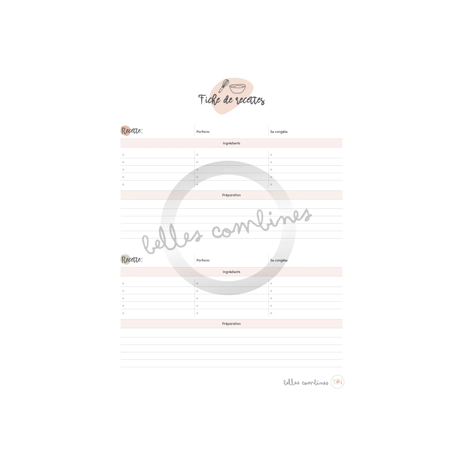 Les Belles Combines Fiche de recette répertoire à imprimer française