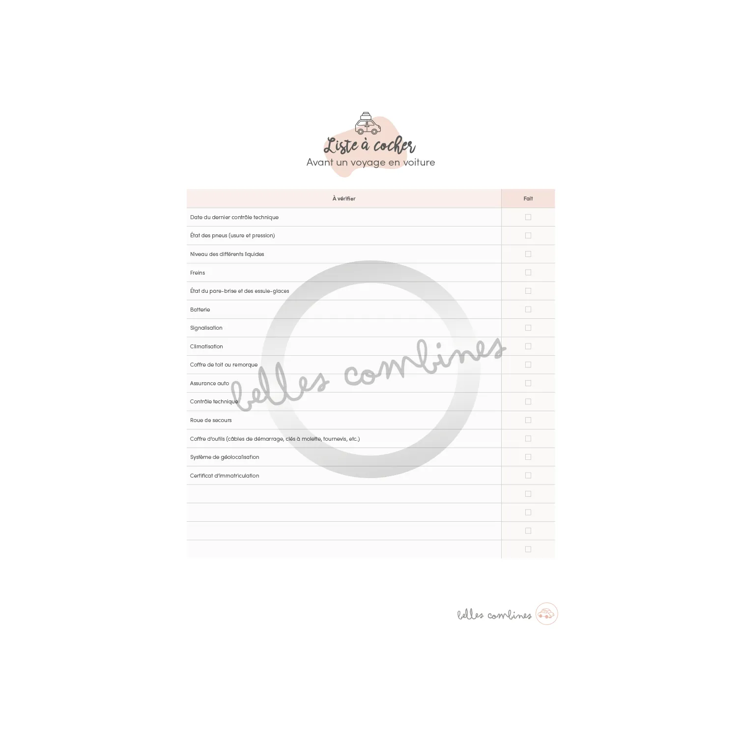 Les Belles Combines Liste voyage voiture fiche à imprimer