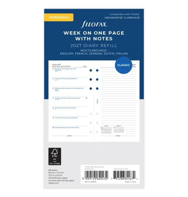 Filofax recharge agenda 2027 semaine par page Personal multilingue