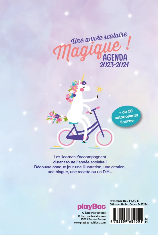 Frigobloc Licornes 2023-2024 agenda scolaire page par jour stickers