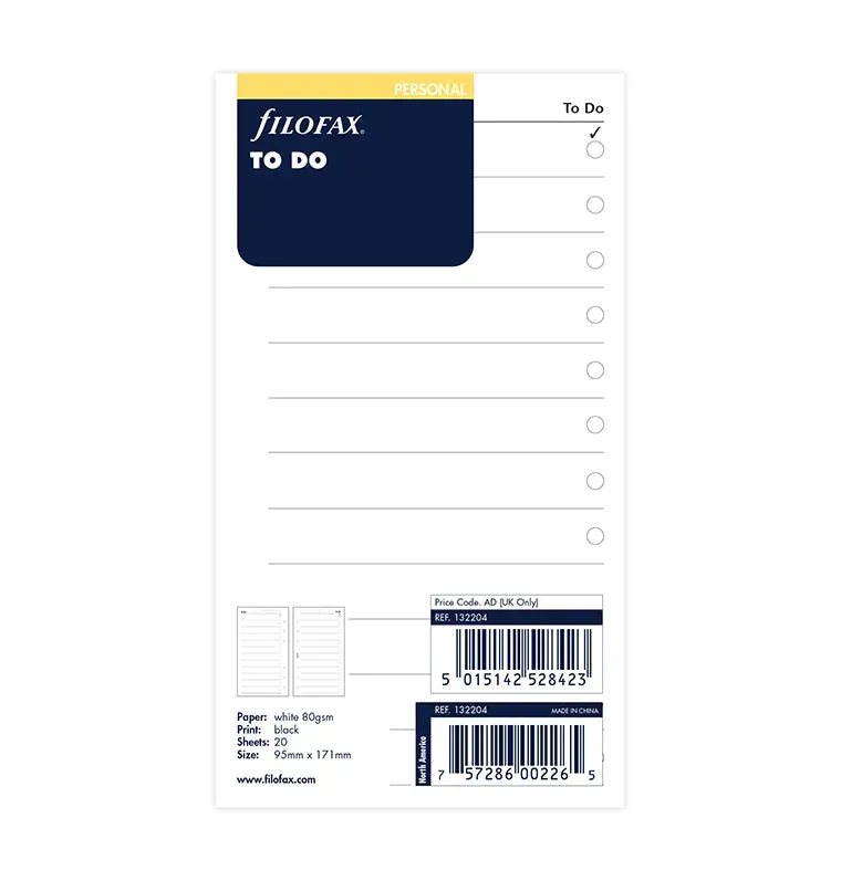 Filofax Classic recharge To Do Personal 20 feuilles