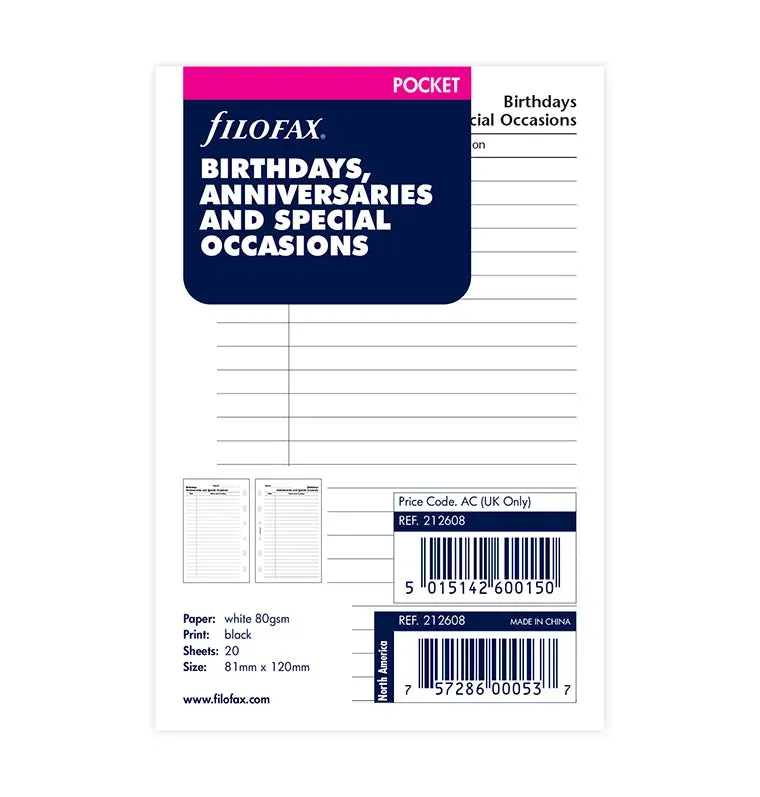 Filofax Classic Pocket recharge organiseur anniversaires