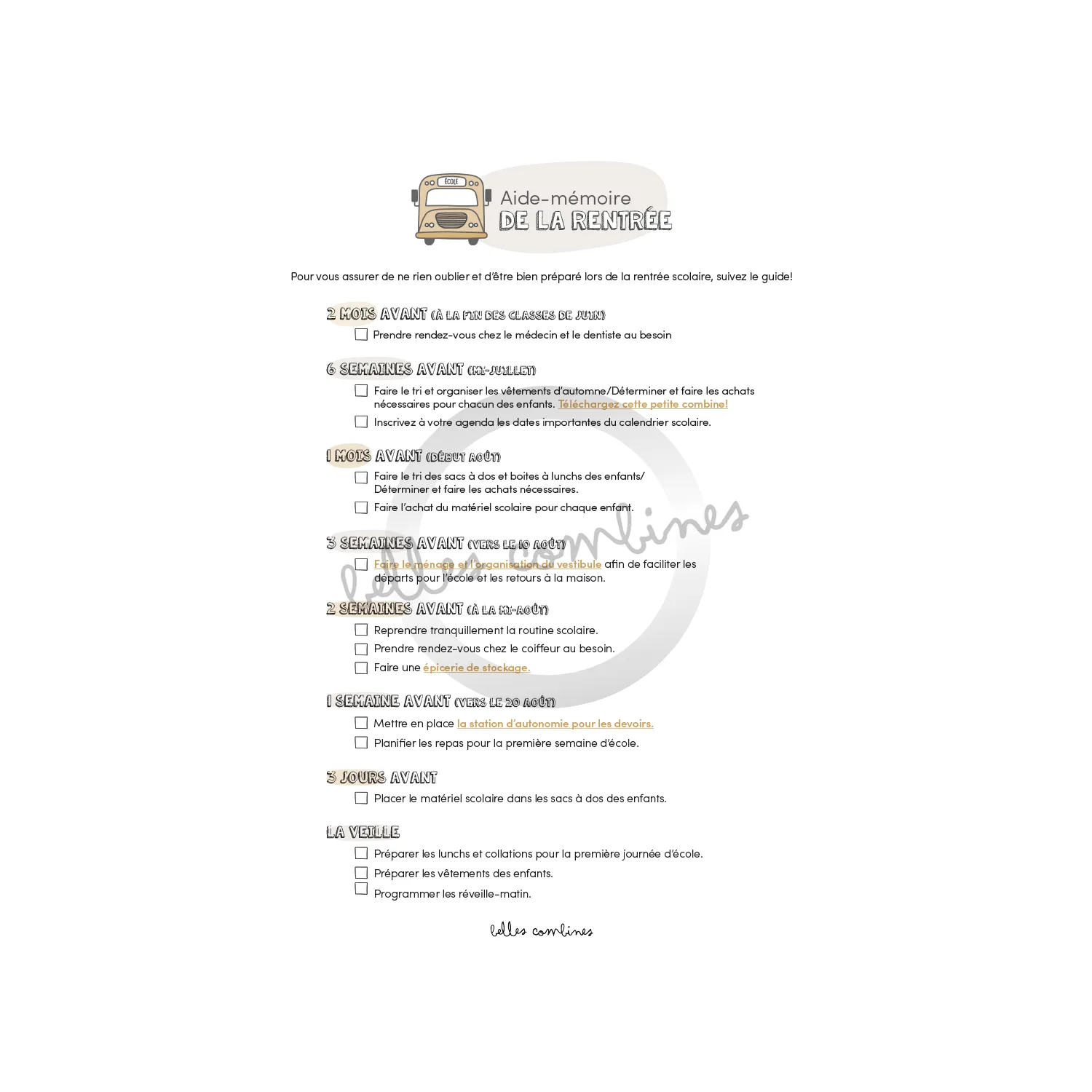 Les Belles Combines Aide-mémoire rentrée fiche à imprimer française