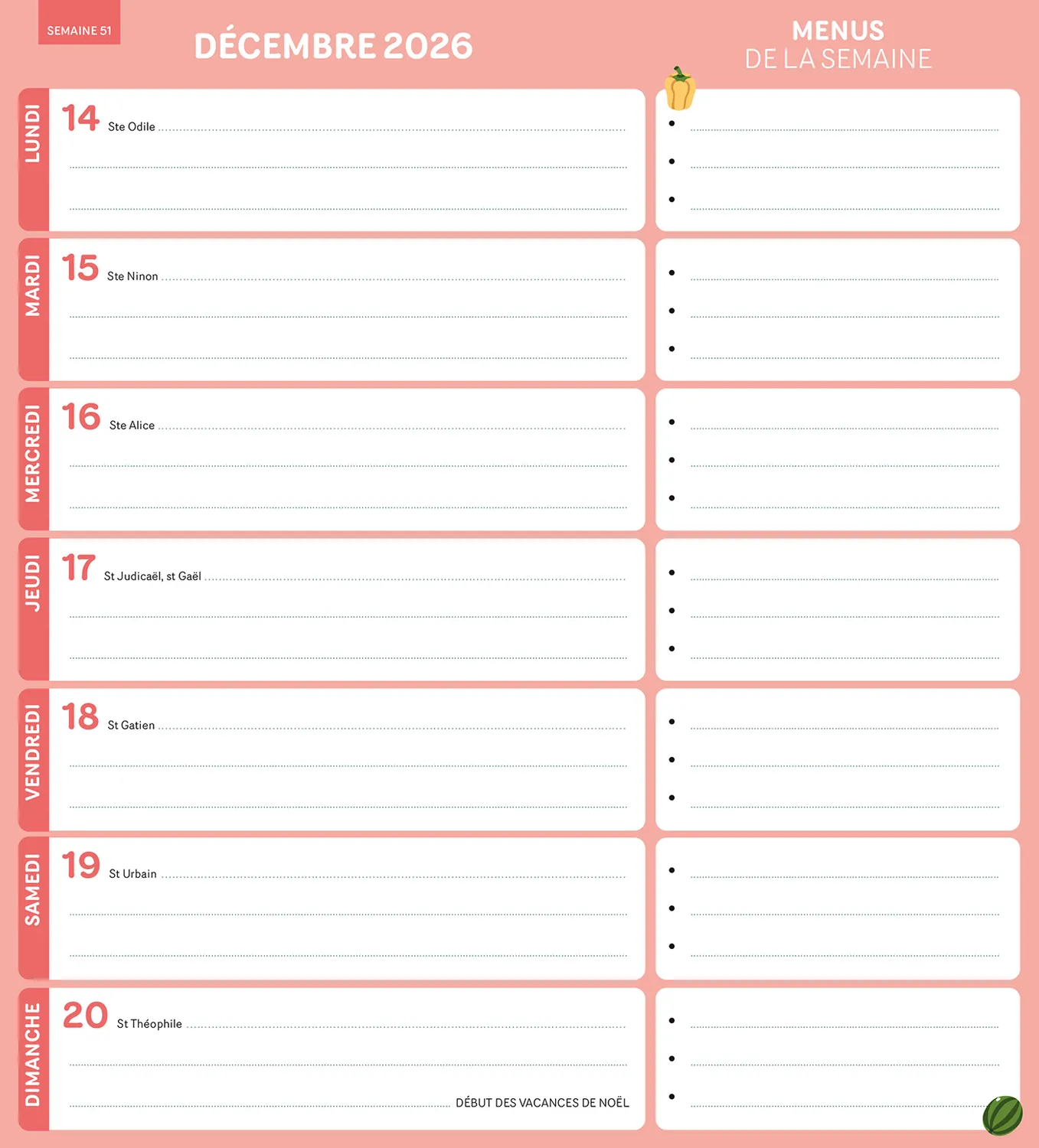 Frigobloc Hebdomadaire 2027 calendrier familial menus 16 mois