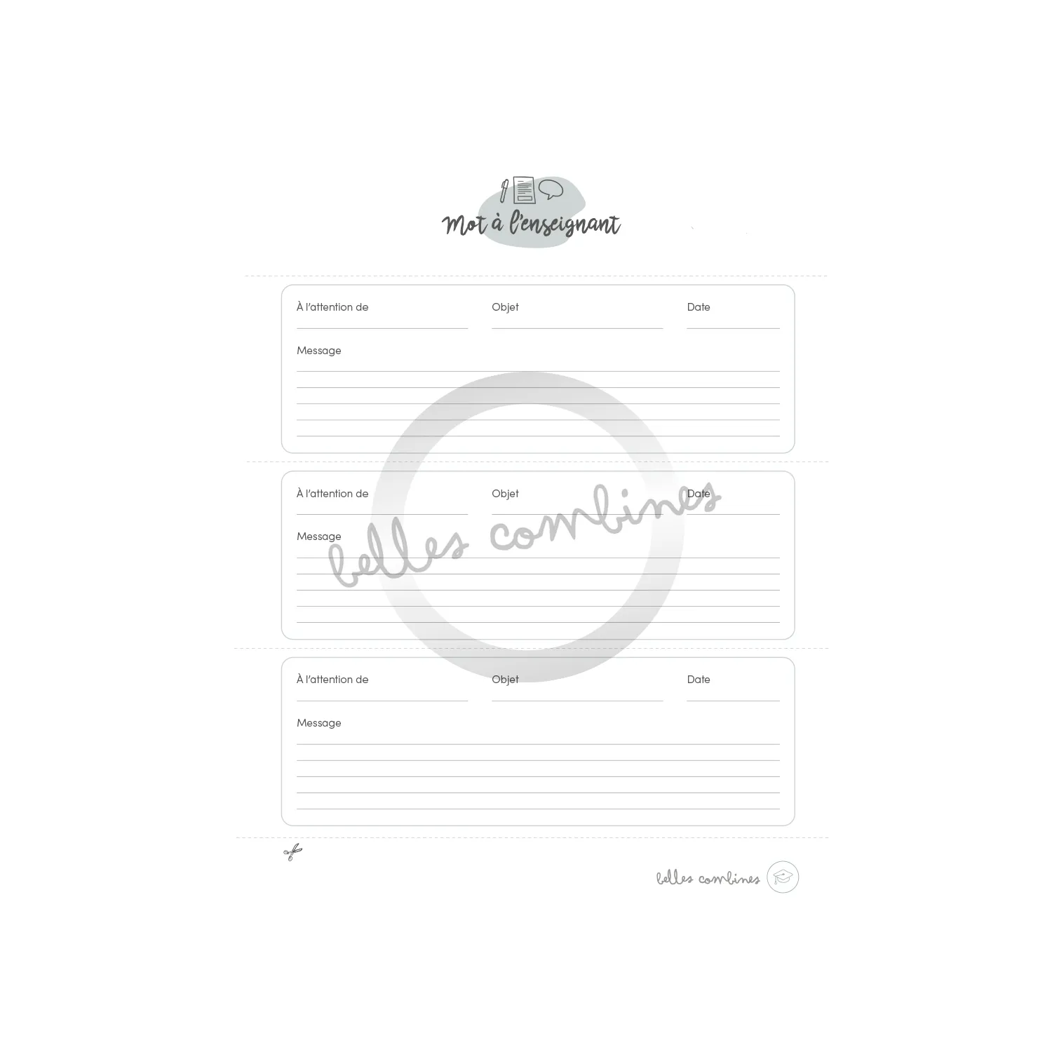 Les Belles Combines mot à l'enseignant fiche à imprimer française