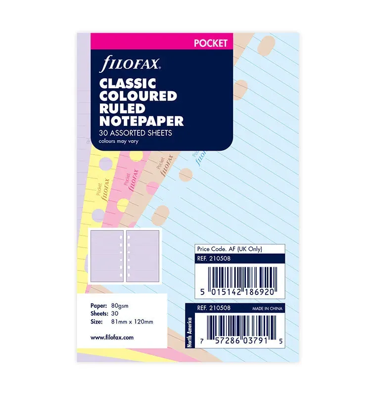 Filofax recharge papier ligné coloré Pocket 30 feuilles