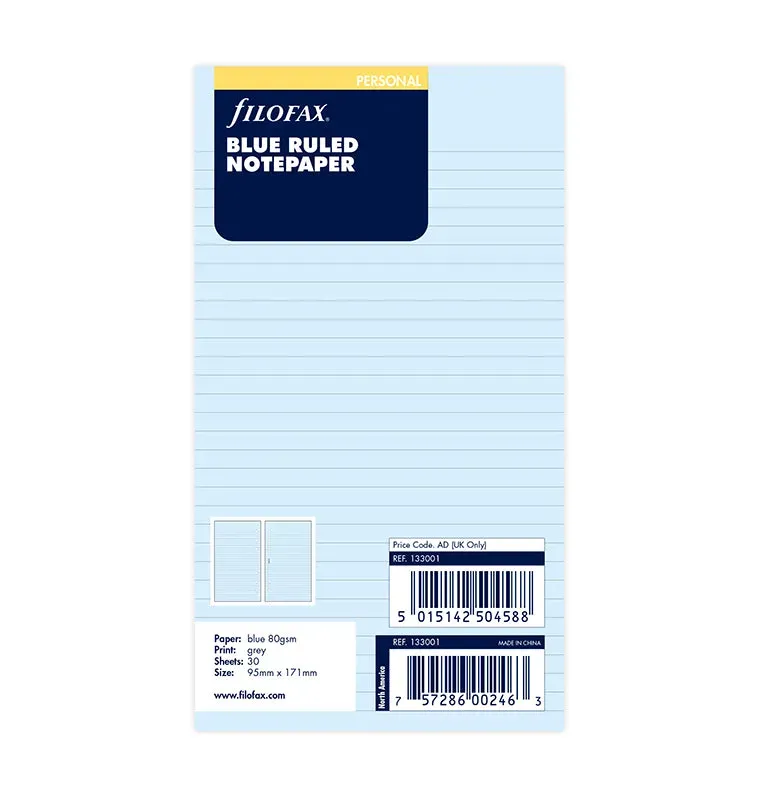 Filofax Classic feuilles lignees Personal bleu 30 feuilles