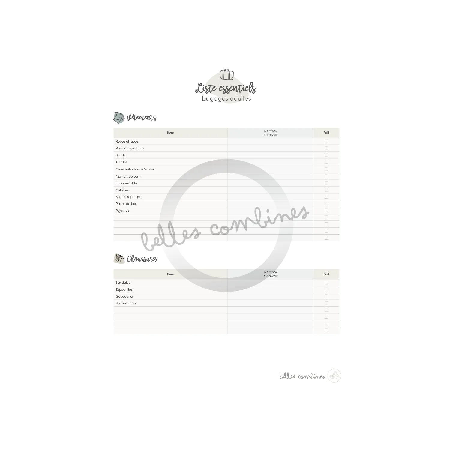 Les Belles Combines Liste bagages adultes fiche à imprimer française