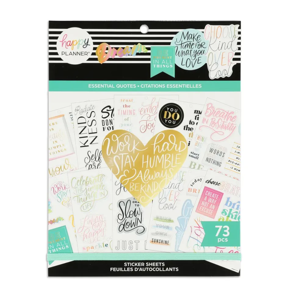Happy Planner Essential Quotes stickers grand 15 planches 73 doré