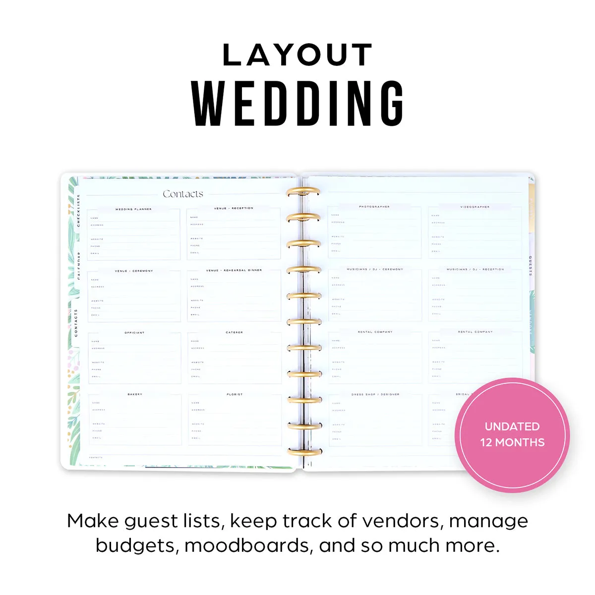 Happy Planner Garden Wedding agenda mariage Big 12 mois non daté