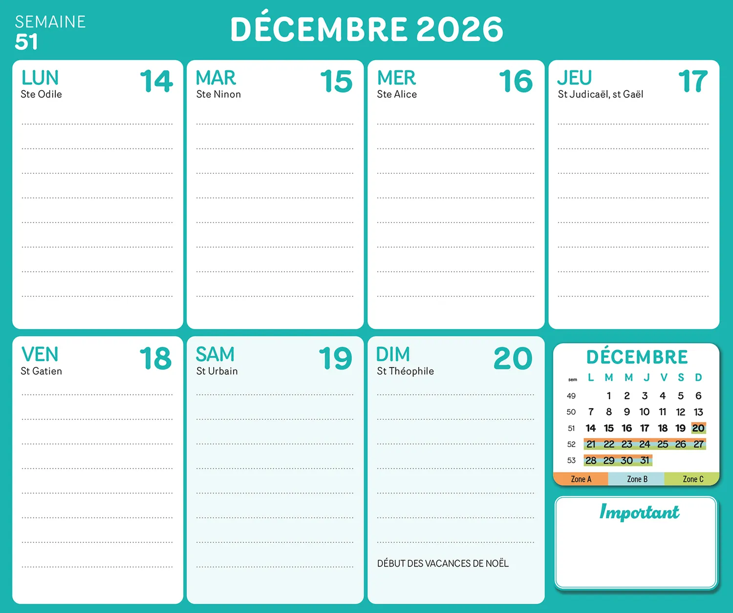 Frigobloc Mini Hebdo Zen 2027 calendrier familial aimanté