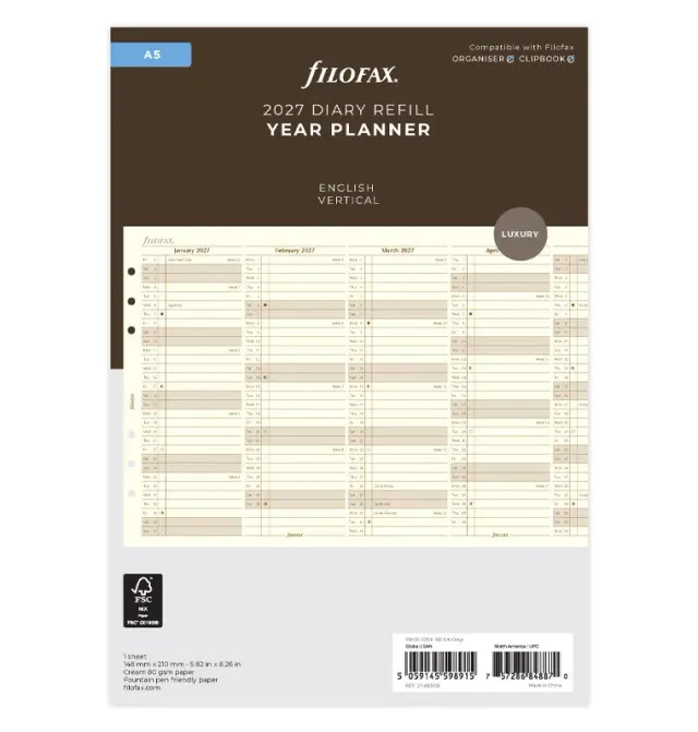 Filofax Classic recharge agenda 2027 A5 verticale crème