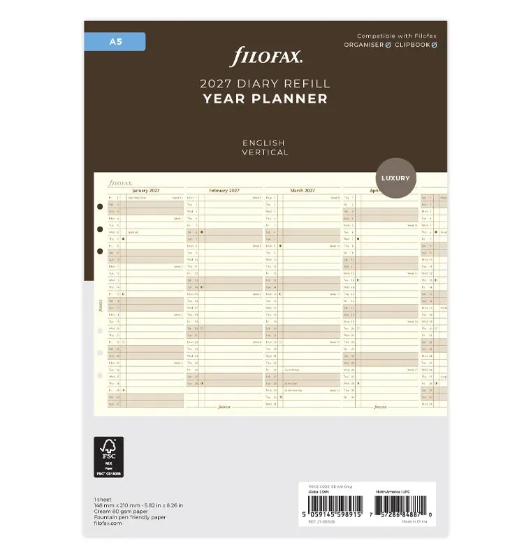 Filofax Classic recharge agenda 2027 A5 verticale crème