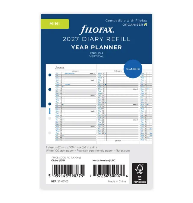 Filofax Classic Mini planner vertical anglais 2027